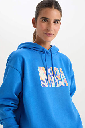 DeFactoFit NBA Wordmark Oversize Geniş Kalıp Kapüşonlu Kalın Sweatshirt A9721AX24AUBE439