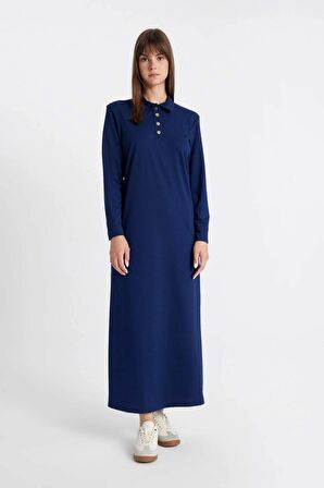 Regular Fit Uzun Kollu Pike Maxi Elbise