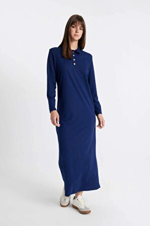 Regular Fit Uzun Kollu Pike Maxi Elbise