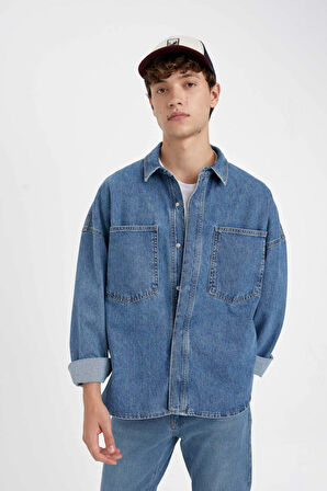 DeFacto Oversize Geniş Kalıp Pamuklu Jean Uzun Kollu Basic Gömlek C7538AX24AUNM28
