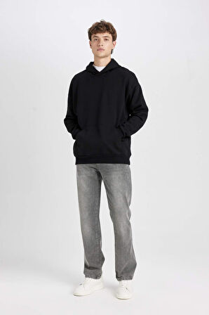 DeFacto Oversize Geniş Kalıp Kapüşonlu Cepli Basic Düz Sweatshirt Y1237AZ24AUBK81
