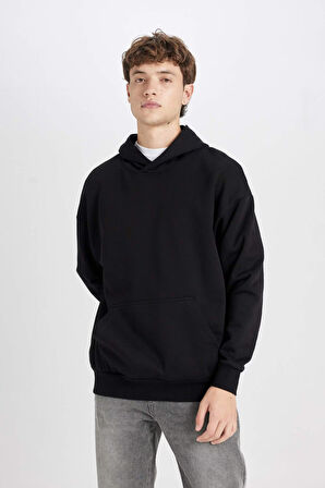 DeFacto Oversize Geniş Kalıp Kapüşonlu Cepli Basic Düz Sweatshirt Y1237AZ24AUBK81