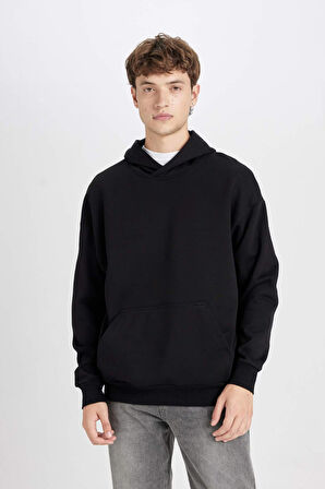 DeFacto Oversize Geniş Kalıp Kapüşonlu Cepli Basic Düz Sweatshirt Y1237AZ24AUBK81