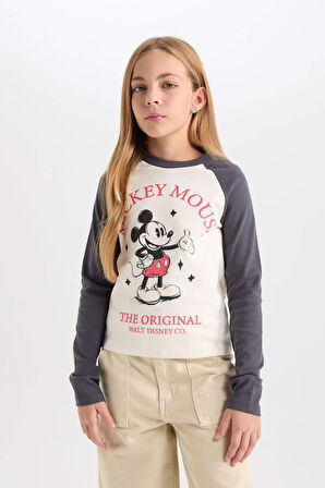 Kız Çocuk Disney Mickey & Minnie Crop Bisiklet Yaka Fitilli Kaşkorse Uzun Kollu Tişört