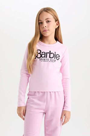 DeFacto Kız Çocuk Barbie Crop Bisiklet Yaka Baskılı Fitilli Kaşkorse Uzun Kollu Tişört D2831A824AUPN614