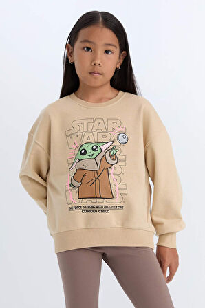 DeFacto Kız Çocuk Star Wars-Mandalorian Relax Fit Bisiklet Yaka Sweatshirt D2822A824WNBG387