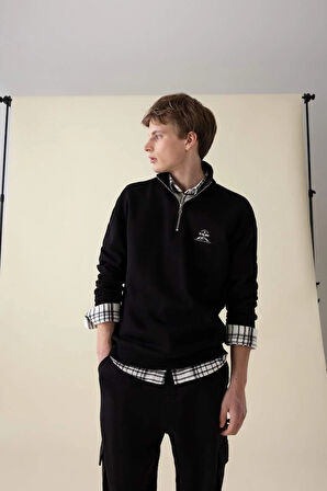 C6132 Comfort Regular Fit Rahat Kalıp Dik Yaka Yarım Fermuarlı Baskılı Sweatshirt