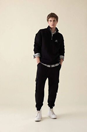 C6132 Comfort Regular Fit Rahat Kalıp Dik Yaka Yarım Fermuarlı Baskılı Sweatshirt