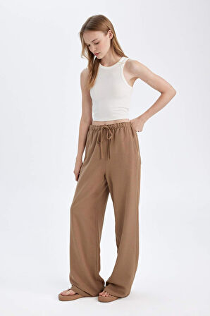 Wide Leg Geniş Bol Paça Üç Cepli Normal Bel Basic Düz Standart Boy Keten Karışımlı Pantolon