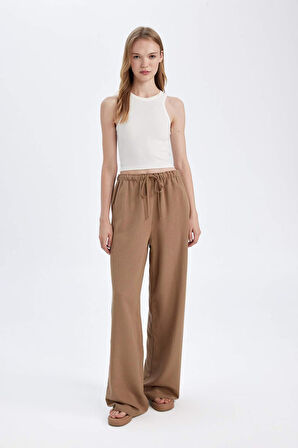 Wide Leg Geniş Bol Paça Üç Cepli Normal Bel Basic Düz Standart Boy Keten Karışımlı Pantolon
