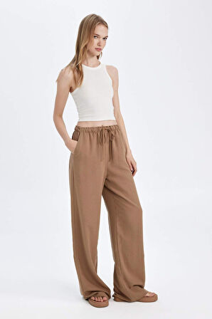 Wide Leg Geniş Bol Paça Üç Cepli Normal Bel Basic Düz Standart Boy Keten Karışımlı Pantolon