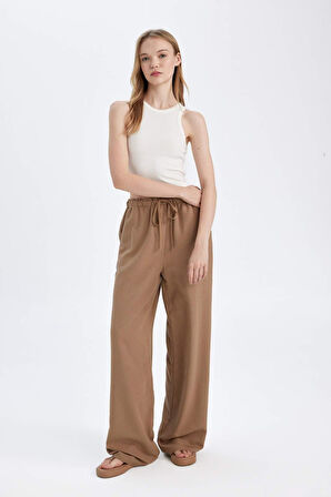 Wide Leg Geniş Bol Paça Üç Cepli Normal Bel Basic Düz Standart Boy Keten Karışımlı Pantolon