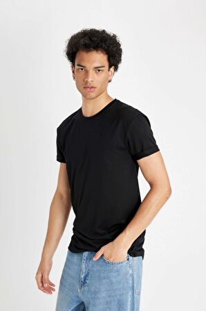 DeFacto Long Muscle Fit Bisiklet Yaka Basic Düz Kısa Kollu Siyah Tişört N2104AZ24AUBK81