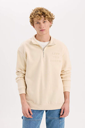 DeFacto Comfort Regular Fit Rahat Kalıp Dik Yaka Fermuarlı Baskılı Sweatshirt B0254AX24AUBG700