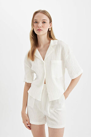 DeFacto Regular Fit Polo Yaka Müslin Kısa Kollu Gömlek D5009AX24HSWT32