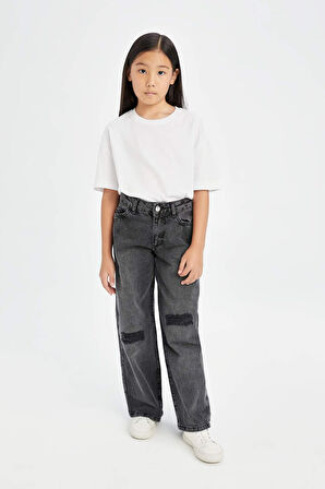 Kız Çocuk Wide Leg Jean Pantolon Yırtık Detaylı Geniş Bol Paça Cepli Antrasit