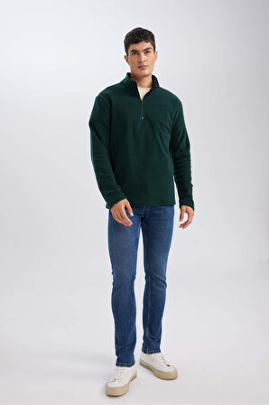 DeFacto Yeşil Tüylenme Yapmayan Soğuk Geçirmez  Regular Fit Dik Yaka Fermuarlı Polar Sweatshirt Y3996AZNSGN245