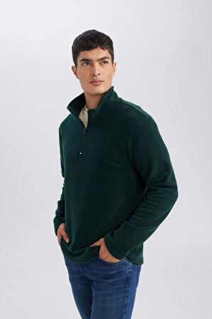 DeFacto Yeşil Tüylenme Yapmayan Soğuk Geçirmez  Regular Fit Dik Yaka Fermuarlı Polar Sweatshirt Y3996AZNSGN245