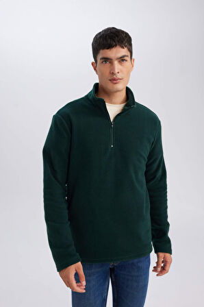 DeFacto Yeşil Tüylenme Yapmayan Soğuk Geçirmez  Regular Fit Dik Yaka Fermuarlı Polar Sweatshirt Y3996AZNSGN245