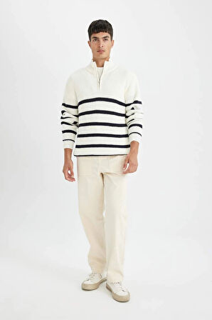 D3274 Standart Fit Dik Yaka Yarım Fermuarlı Çizgili Triko Kazak