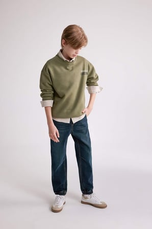 Erkek Çocuk Yeşil Oversize Fit Geniş Kalıp Bisiklet Yaka Sırt Baskılı Sweatshirt