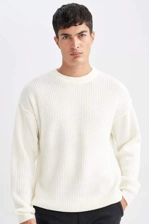 DeFacto Relax Fit Bisiklet Yaka Basic Düz Triko Kazak D3219AX24WNER139