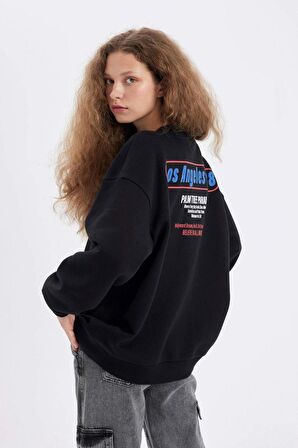 DeFacto Oversize Geniş Kalıp Bisiklet Yaka Sırt Baskılı Kalın Sweatshirt D4939AX24AUBK81