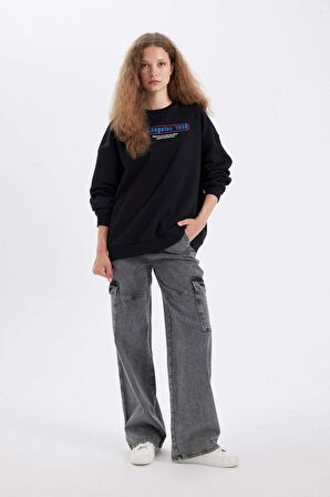 DeFacto Oversize Geniş Kalıp Bisiklet Yaka Sırt Baskılı Kalın Sweatshirt D4939AX24AUBK81