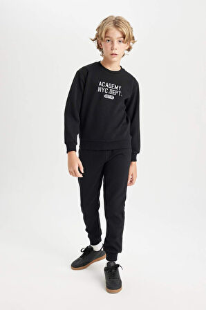 DeFacto Erkek Çocuk 2'li Takım Baskılı Bisiklet Yaka Sweatshirt Üst Beli Lastikli Jogger Eşofman Altı D3560A824WNBK81