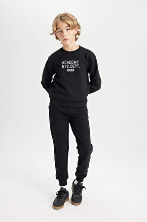 DeFacto Erkek Çocuk 2'li Takım Baskılı Bisiklet Yaka Sweatshirt Üst Beli Lastikli Jogger Eşofman Altı D3560A824WNBK81
