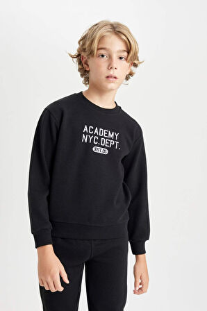 DeFacto Erkek Çocuk 2'li Takım Baskılı Bisiklet Yaka Sweatshirt Üst Beli Lastikli Jogger Eşofman Altı D3560A824WNBK81