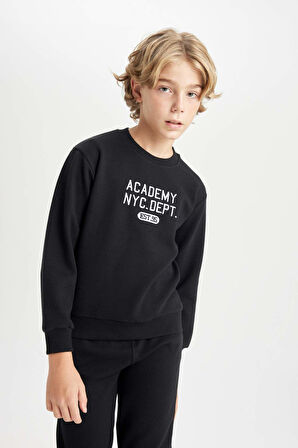 DeFacto Erkek Çocuk 2'li Takım Baskılı Bisiklet Yaka Sweatshirt Üst Beli Lastikli Jogger Eşofman Altı D3560A824WNBK81