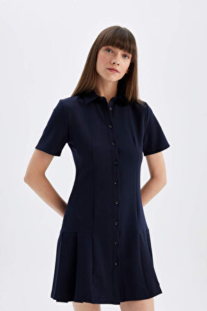 DeFacto Polo Yaka Basic Düz Kısa Kollu Pileli Mini Elbise D4203AX24AUNV245
