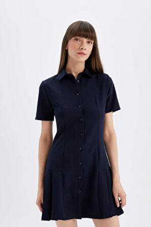 DeFacto Polo Yaka Basic Düz Kısa Kollu Pileli Mini Elbise D4203AX24AUNV245