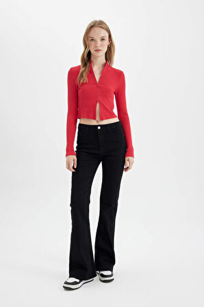 DeFacto Fitted Dik Yaka Basic Düz Fermuarlı Fitilli Kaşkorse Crop Kırmızı Hırka D5124AX24AURD54
