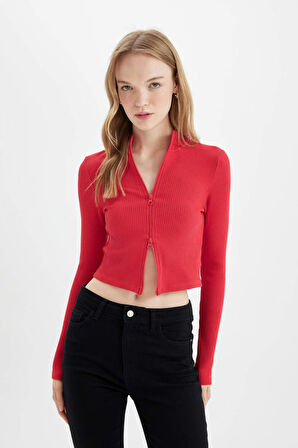 DeFacto Fitted Dik Yaka Basic Düz Fermuarlı Fitilli Kaşkorse Crop Kırmızı Hırka D5124AX24AURD54