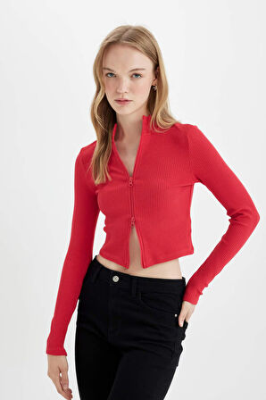 DeFacto Fitted Dik Yaka Basic Düz Fermuarlı Fitilli Kaşkorse Crop Kırmızı Hırka D5124AX24AURD54