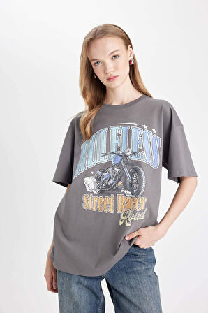 DeFacto Oversize Geniş Kalıp Bisiklet Yaka Baskılı Kısa Kollu Tişört D4925AX24AUAR215