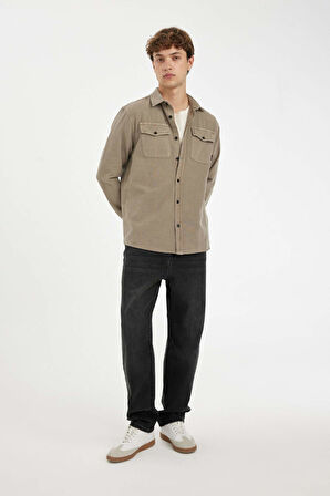 DeFacto %100 Pamuk Regular Fit Polo Yaka Basic Düz Uzun Kollu Gömlek B2654AX24AUBG73