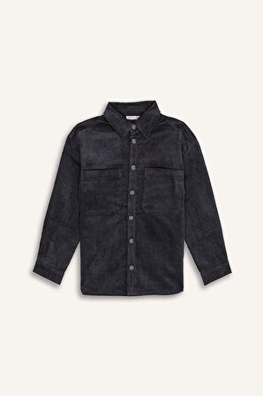 Erkek Çocuk Oversize Geniş Kalıp Polo Yaka Kadife Uzun Kollu Gömlek