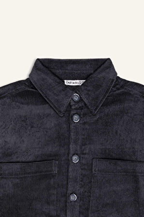 Erkek Çocuk Oversize Geniş Kalıp Polo Yaka Kadife Uzun Kollu Gömlek