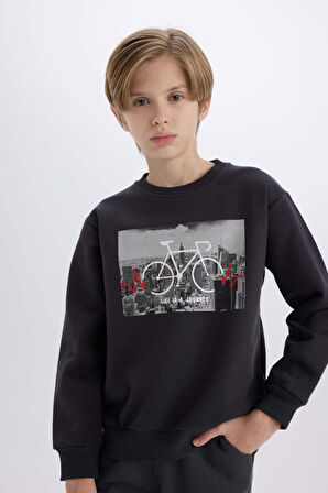 DeFacto Erkek Çocuk Bisiklet Yaka Baskılı Kalın Sweatshirt D3038A824WNAR206