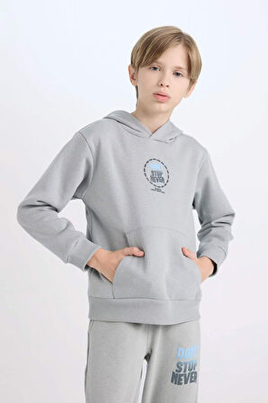 DeFacto Erkek Çocuk Gri Kapüşonlu Sırt Baskılı Sweatshirt D3049A824WNGR130