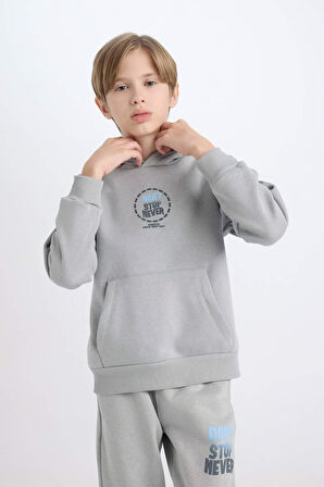 DeFacto Erkek Çocuk Gri Kapüşonlu Sırt Baskılı Sweatshirt D3049A824WNGR130