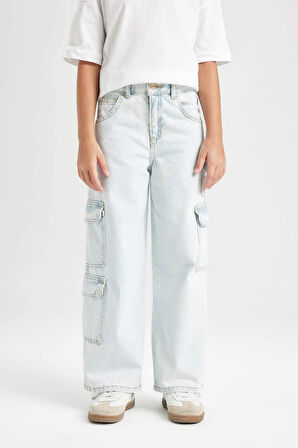 DeFacto Kız Çocuk Wide Leg Kargo Cepli Geniş Bol Paça Jean Pantolon C8543A824AUNM63