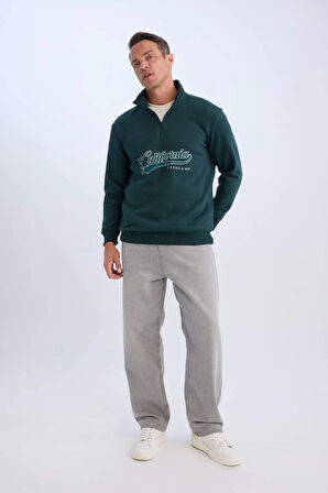 D2167 Relax Fit Dik Yaka Fermuarlı Baskılı Kalın Sweatshirt