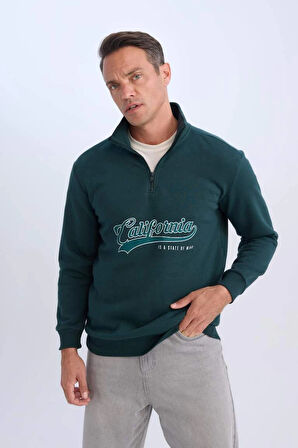 D2167 Relax Fit Dik Yaka Fermuarlı Baskılı Kalın Sweatshirt