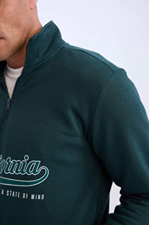 D2167 Relax Fit Dik Yaka Fermuarlı Baskılı Kalın Sweatshirt