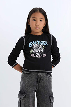 DeFacto Kız Çocuk Cropped Fit Bisiklet Yaka Baskılı Fitilli Kaşkorse Uzun Kollu Tişört D3430A824WNBK81