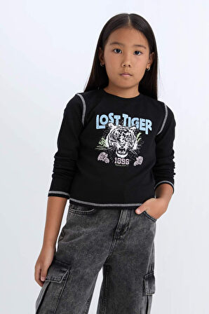 DeFacto Kız Çocuk Cropped Fit Bisiklet Yaka Baskılı Fitilli Kaşkorse Uzun Kollu Tişört D3430A824WNBK81